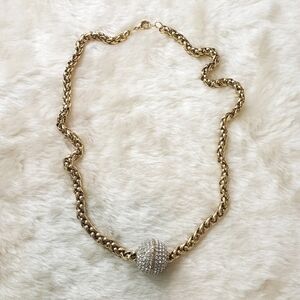 VINTAGE Pave Crystal Ball Spinner Pendant Necklace Heavy Gold Tone Chain